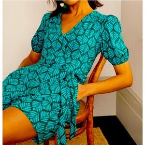 BODEN Ruby Green Palm Leaf Jersey Romper Short Sleeve Jumpsuit Belt - Size 12